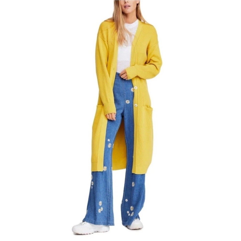 Free People Cardigan Sweater Duster Run To You Yellow Pockets Beach Boho Small